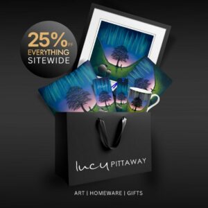 Black Lucy Pittaway gift bag filled with Sycamore Gap artwork and homeware, shown with a “25% off everything sitewide” badge.