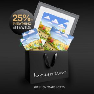 Black Lucy Pittaway gift bag filled with Railway 200 artwork and homeware, displayed with a “25% off everything sitewide” badge.