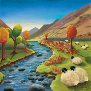Pastel artwork of a calm river running through hills with bright autumnal trees and grazing sheep in the foreground.