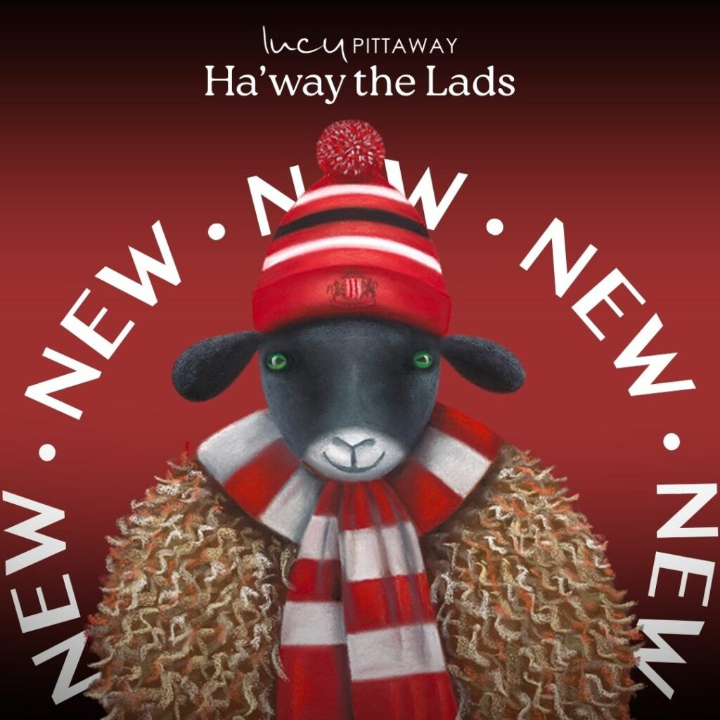 Artwork titled “Ha’way the Lads” by Lucy Pittaway, featuring a sheep character in Sunderland AFC colours standing outside the Stadium of Light, with the fan wall, Davy Lamp, and black cat symbol in the background.