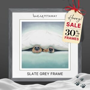 Promotional graphic for Lucy Pittaway frame offer. Text reads: “Every piece of art deserves a beautiful frame… Refresh your home by framing your much-loved artwork. Did you get art for Christmas that needs framing? How to use this offer: 1. Bring in your unframed artwork to your local Lucy Pittaway Gallery. 2. Receive 30% off frames when purchasing any new artwork online or in-store.” Decorative red ribbon with Lucy Pittaway branding on a green background.