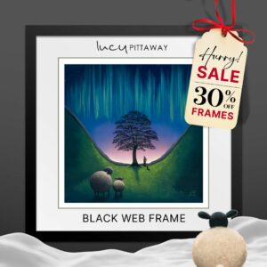 Promotional graphic for Lucy Pittaway frame offer. Text reads: “Every piece of art deserves a beautiful frame… Refresh your home by framing your much-loved artwork. Did you get art for Christmas that needs framing? How to use this offer: 1. Bring in your unframed artwork to your local Lucy Pittaway Gallery. 2. Receive 30% off frames when purchasing any new artwork online or in-store.” Decorative red ribbon with Lucy Pittaway branding on a green background.