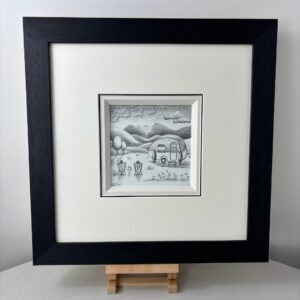Lucy Pittaway original sketch titled Our Happy Place, countryside scene with caravan.