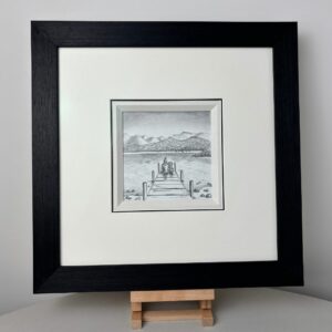 Lucy Pittaway original sketch titled A Pawfect Place by the Water, countryside scene with lake and dog.