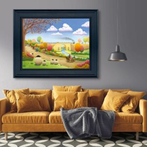 Painting of the Stockton and Darlington Railway bicentenary, showing a steam train crossing a stone bridge over a river, with colourful trees, sheep in the foreground, and a horse-drawn carriage on a country lane.