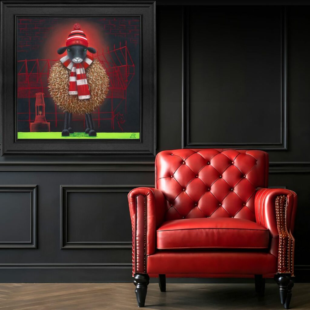 Artwork titled “Ha’way the Lads” by Lucy Pittaway, featuring a sheep character in Sunderland AFC colours standing outside the Stadium of Light, with the fan wall, Davy Lamp, and black cat symbol in the background.