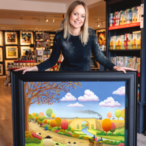 Painting of the Stockton and Darlington Railway bicentenary, showing a steam train crossing a stone bridge over a river, with colourful trees, sheep in the foreground, and a horse-drawn carriage on a country lane."