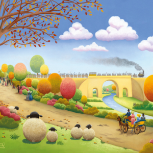 Painting of the Stockton and Darlington Railway bicentenary, showing a steam train crossing a stone bridge over a river, with colourful trees, sheep in the foreground, and a horse-drawn carriage on a country lane.