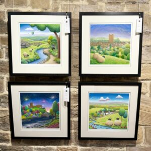 Four different pieces of artwork by Lucy Pittaway depicting landscape scenes.