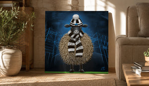 Framed football sheep artwork displayed in a stylish modern living room