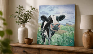 Highland cow canvas artwork displayed on a wooden sideboard in a cosy home