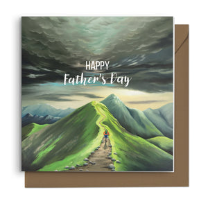 Father's Day card with a mountain landscape and 'Happy Father's Day' text.