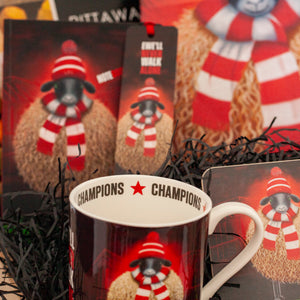 Liverpool FC Champions mug displayed in front of sheep winter greeting cards – Liverpool football fan gift set.