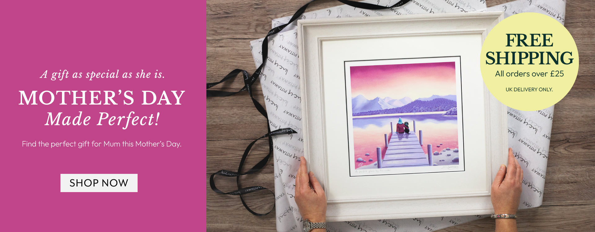 Framed photo of a couple on a dock with a pink and purple gradient, held by hands on a wooden surface. Pink banner with 'Mother's Day Made Perfect!' text and 'Free Shipping' offer.