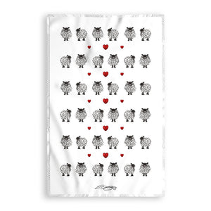 Black and White Sheep with Hearts - Tea Towel