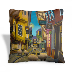 Night on the Shambles Yorkshire cushion by Lucy Pittaway featuring cosy York street artwork